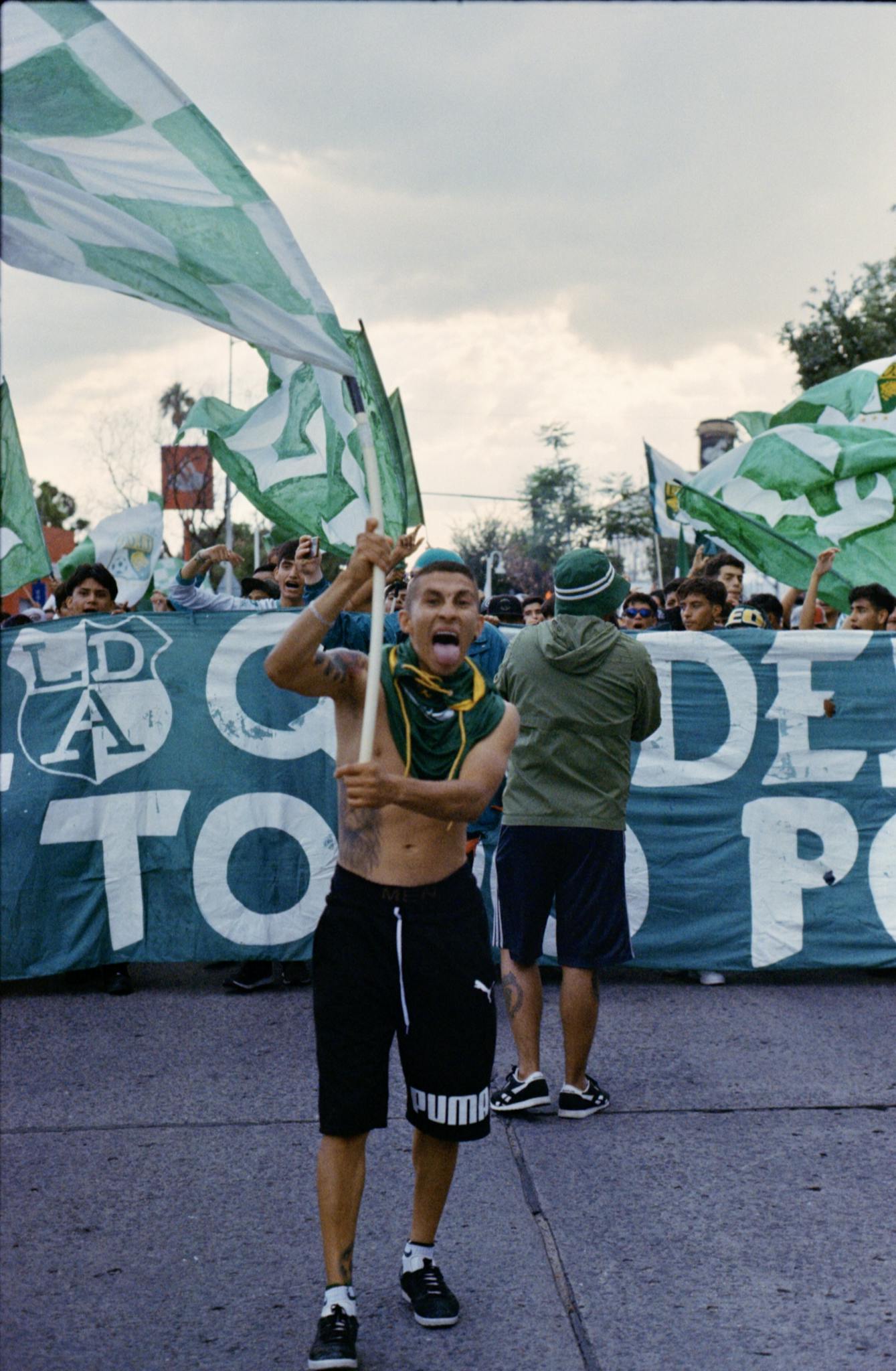 A vibrant crowd of sports fans enthusiastically waving flags outdoors, showcasing team spirit.